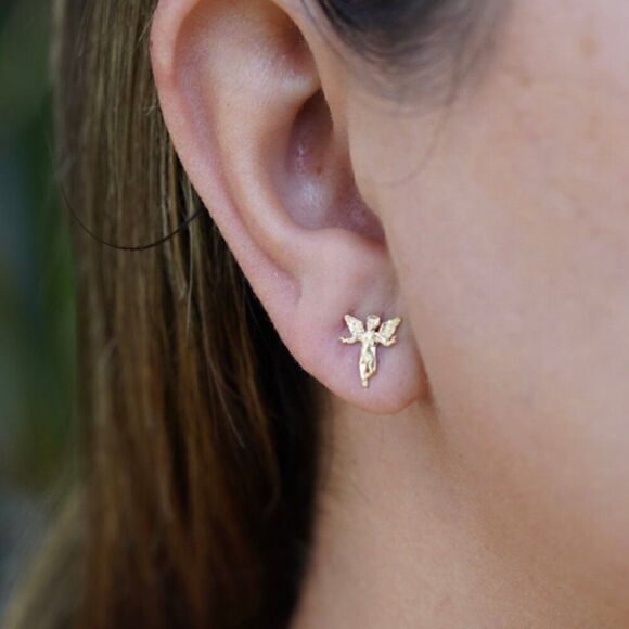 14k Yellow solid Gold Angel Stud Earrings (11 mm X 8 mm) | Gift for Mother | - Picture 4 of 10